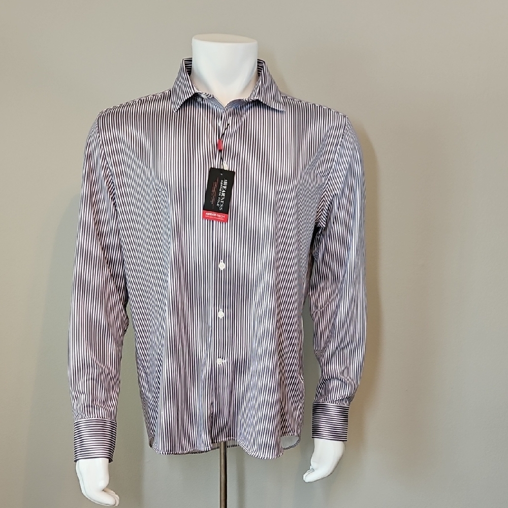 Kenneth Cole Men's Black Purple and White Striped Dress Shirt Slim Fit
